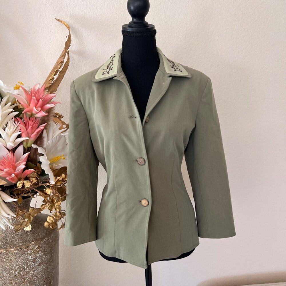 Bob Mackie Vintage Sage Green Blazer with Brown Beaded Collar Size 12